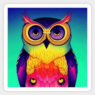 Colorful Owl Portrait Illustration - Bright Vibrant Colors Bohemian Style Feathers Psychedelic Bird Animal Rainbow Colored Art Sticker